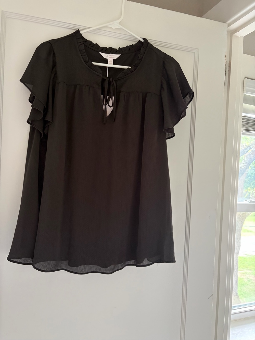 LC Lauren Conrad Black Ruffle-Sleeve Tie Front Blouse